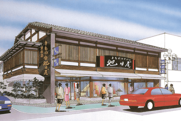 大きな窓のある伝統的な日本の店先のイラスト。通りを人々が歩き、店の前に赤い車が駐車されています。建物には木製のアクセントと看板が付いています。.